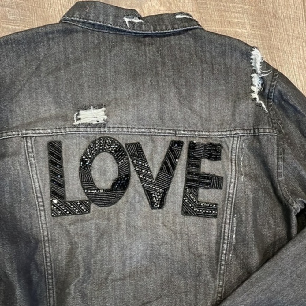 Rachel Roy LOVE beaded distressed denim jacket black